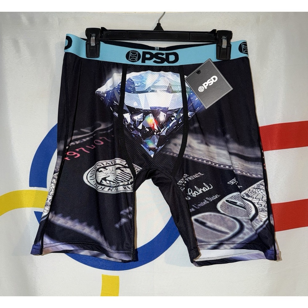 NWT PSD Boxer Briefs Mens Large Diamond USA Black Stretch Performance